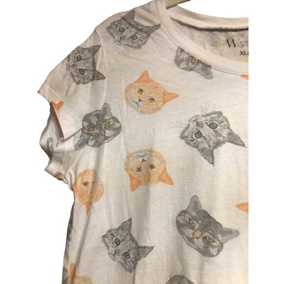 Multi CAT Print V-Neck White T-shirt Sz Xl (15-17) - Picture 2 of 13